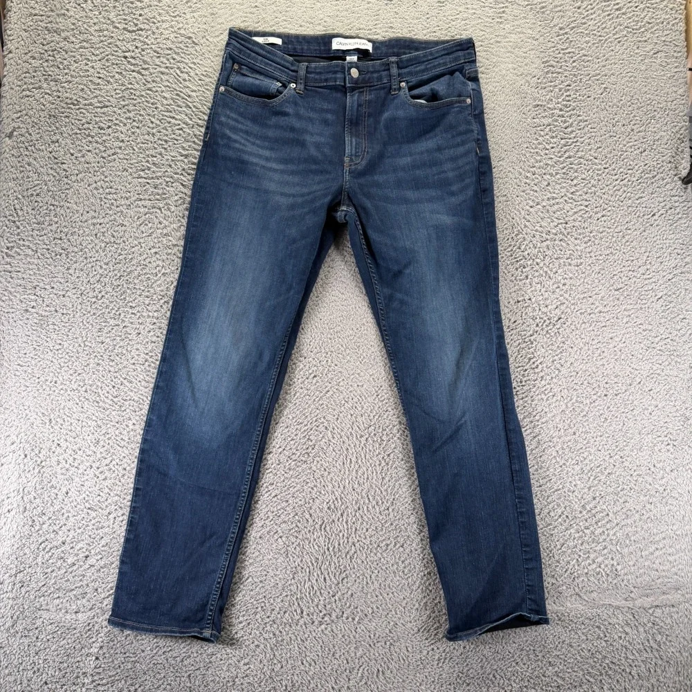 Calvin Klein Jeans Mens 36x32 Blue Cotton Denim Straight Leg Slim Faded Stretch